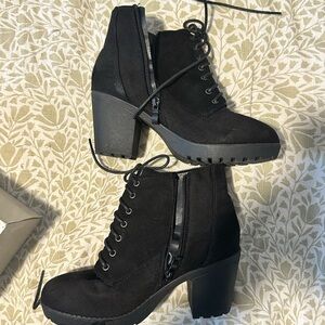 bp Black Lace-Up Chunky Heel Ankle Boots